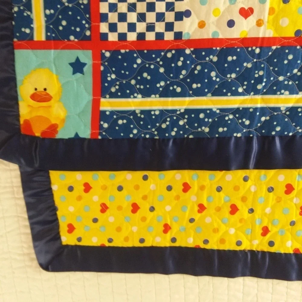 Handmade Baby Quilt Duck Patchwork Blanket Satin Trim Play Mat Blue Yellow 45x28